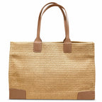 Tory Burch Ella | Natural beige straw and tan leather trim round T-logo embossed double handles women's designer raffia handbag |