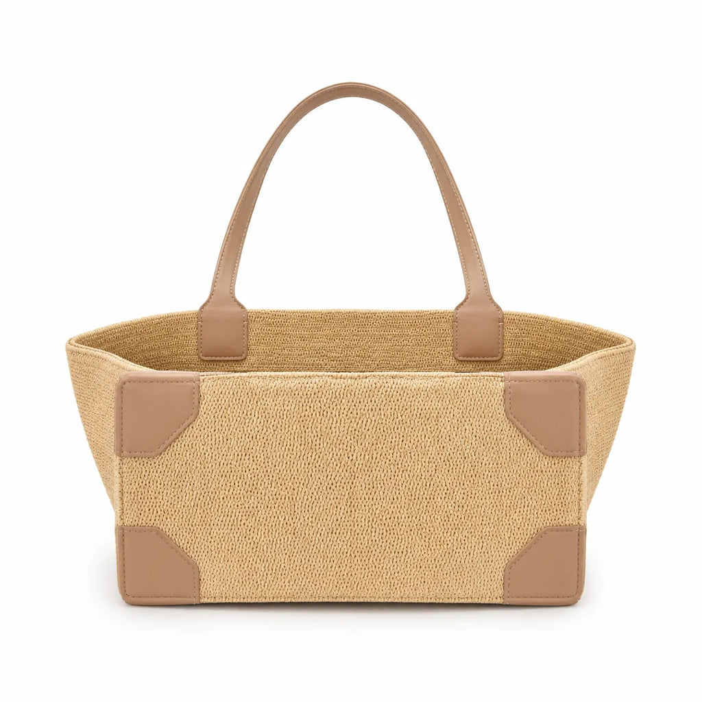 Tory Burch Ella | Natural beige straw and tan leather trim round T-logo embossed double handles women's designer raffia handbag |