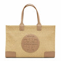 Tory Burch Ella | Natural beige straw and tan leather trim round T-logo embossed double handles women's designer raffia handbag |