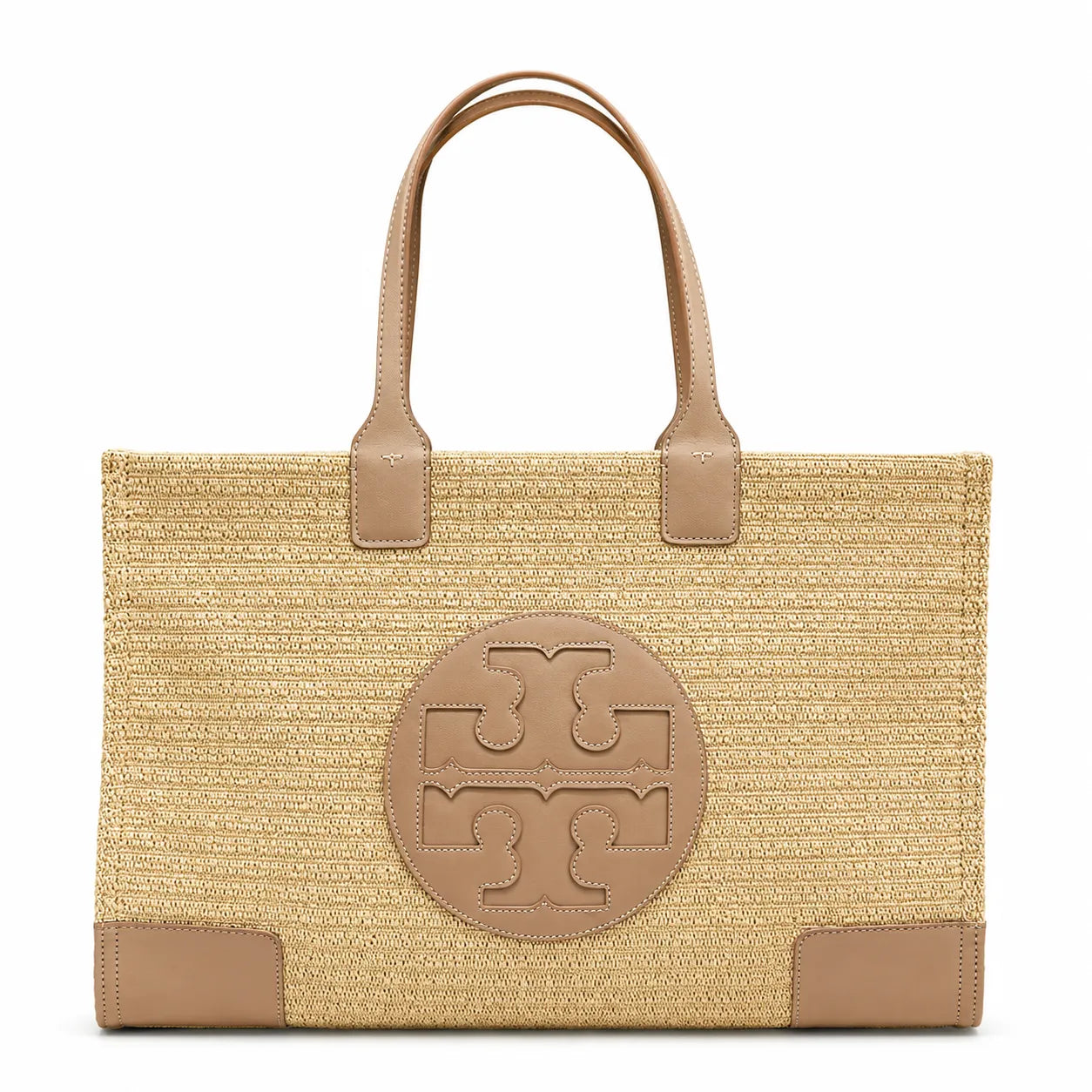 Tory Burch Ella | Natural beige straw and tan leather trim round T-logo embossed double handles women's designer raffia handbag |