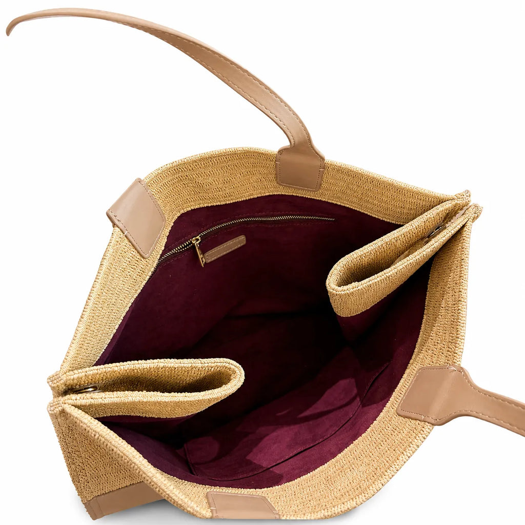 Tory Burch Ella | Natural beige straw and tan leather trim round T-logo embossed double handles women's designer raffia handbag |