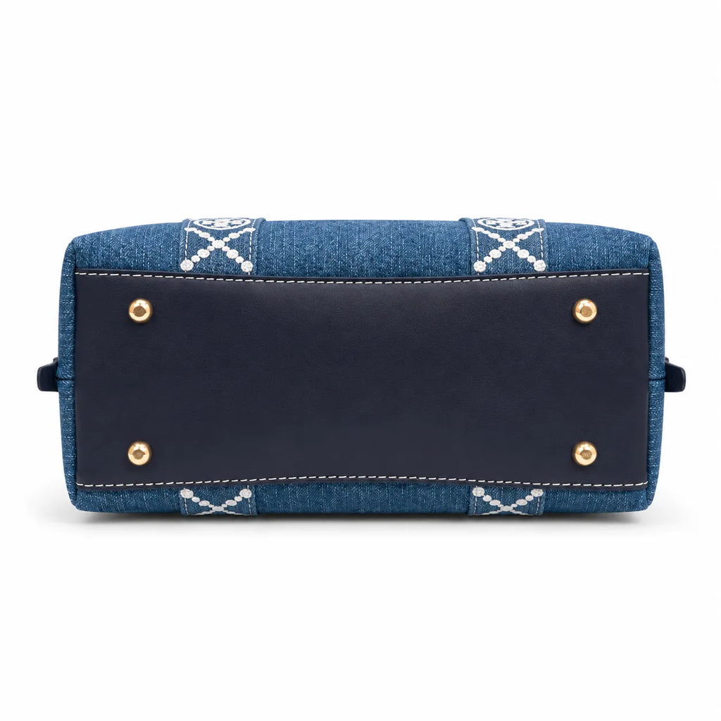 Tory Burch Perry | Blue washed denim  white embroidered T-logo stripes  navy leather trim and gold charm  double handles and adjustable shoulder strap  women's designer shoulder bag