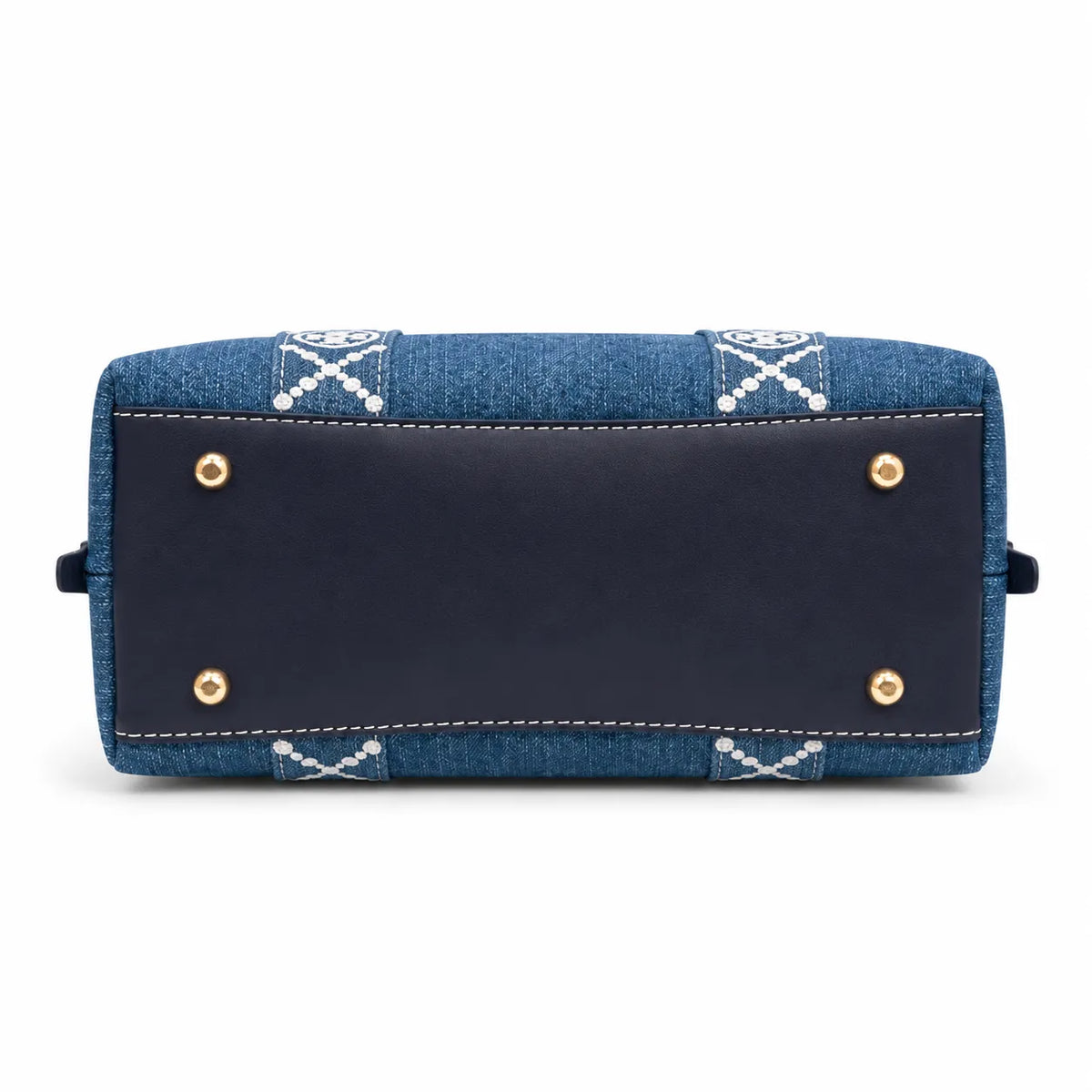 Tory Burch Perry | Blue washed denim  white embroidered T-logo stripes  navy leather trim and gold charm  double handles and adjustable shoulder strap  women's designer shoulder bag