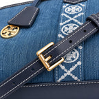 Tory Burch Perry | Blue washed denim  white embroidered T-logo stripes  navy leather trim and gold charm  double handles and adjustable shoulder strap  women's designer shoulder bag
