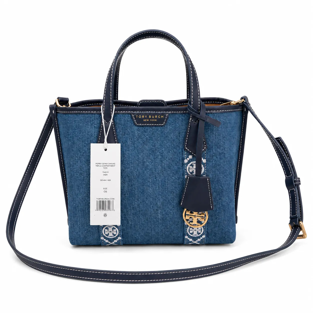Tory Burch Perry | Blue washed denim  white embroidered T-logo stripes  navy leather trim and gold charm  double handles and adjustable shoulder strap  women's designer shoulder bag