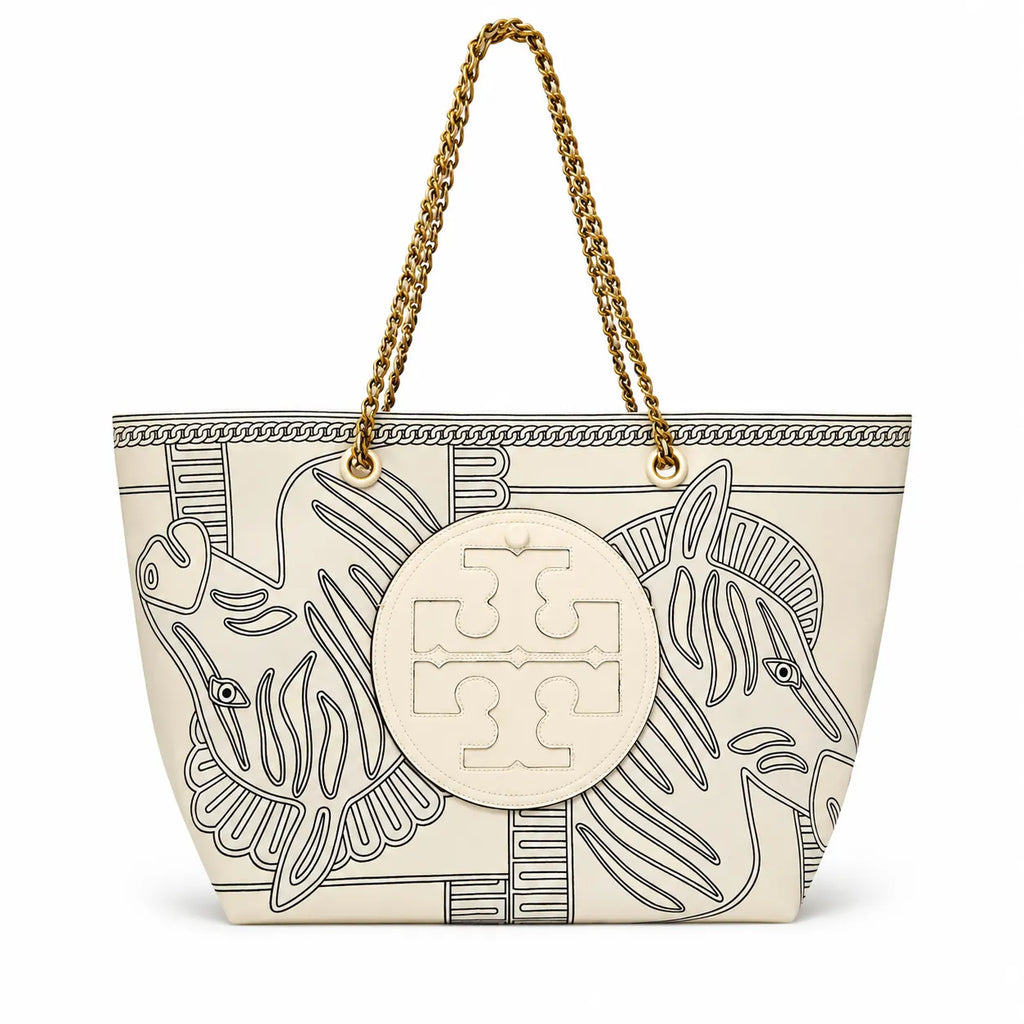 Tory Burch Ella | Whitezebra print gold chain and leather handle  magnetic closure women's designer printed chain tote bag