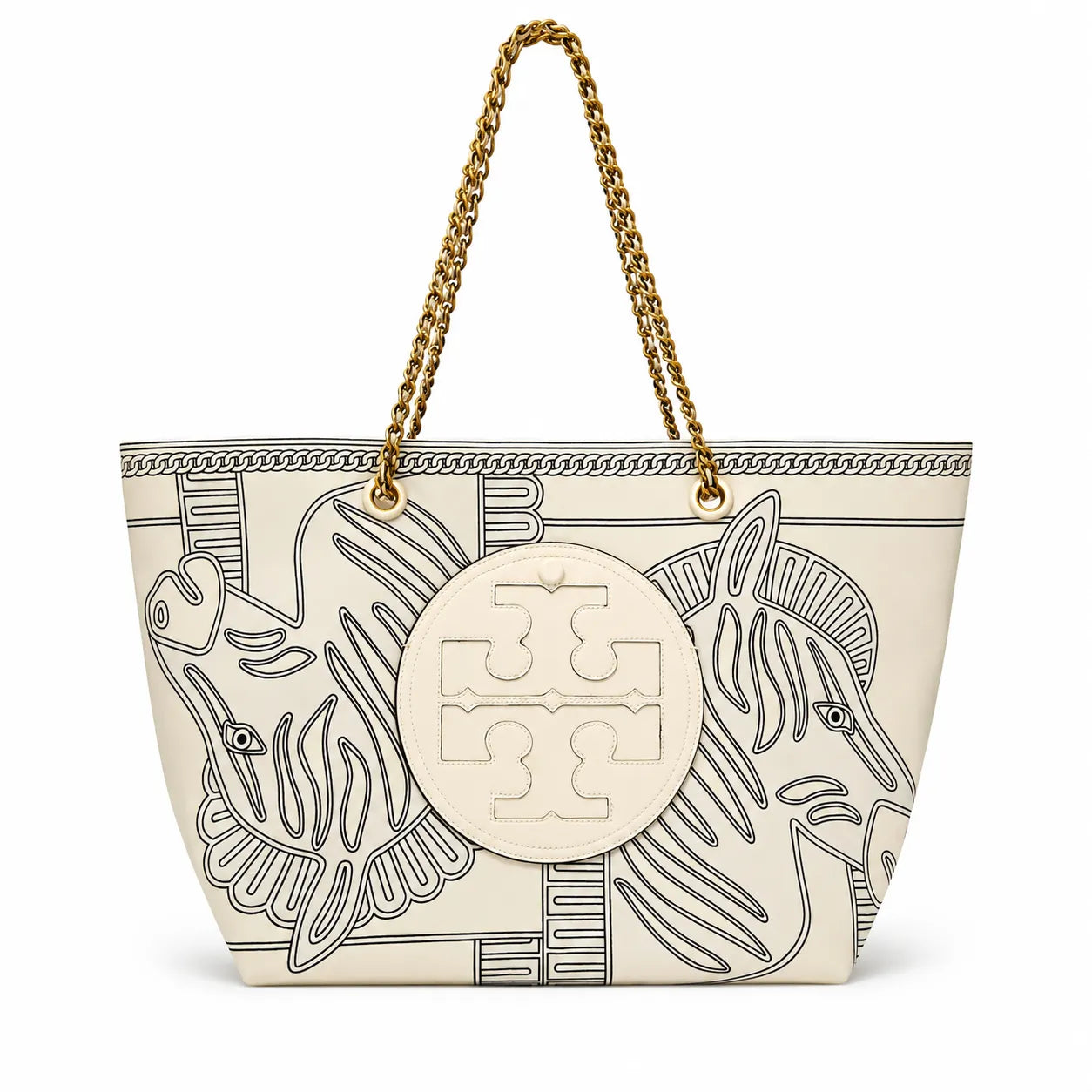 Tory Burch Ella | Whitezebra print gold chain and leather handle  magnetic closure women's designer printed chain tote bag