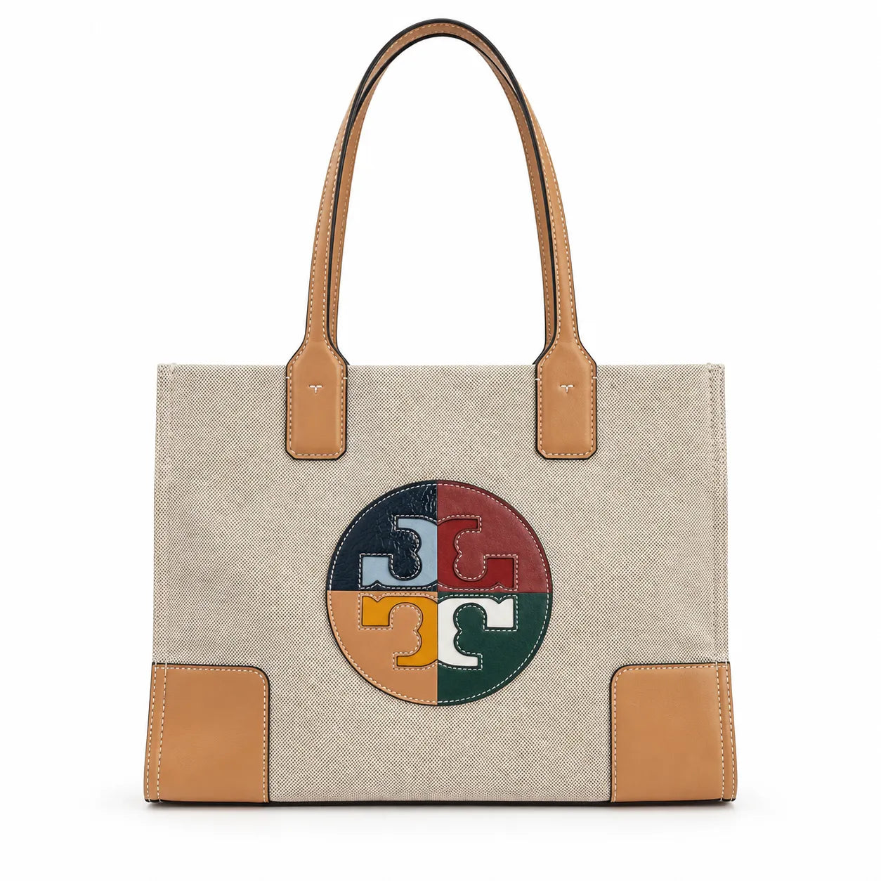 Tory Burch Ella | Beige canvas with contrasting leather T-logo logo  tan leather trim, double handles  women's designer shoulder/handbag