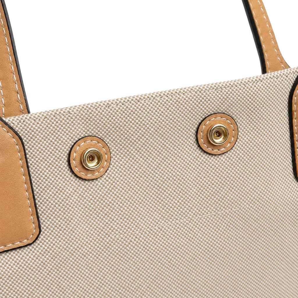 Tory Burch Ella | Beige canvas with contrasting leather T-logo logo  tan leather trim, double handles  women's designer shoulder/handbag