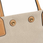 Tory Burch Ella | Beige canvas with contrasting leather T-logo logo  tan leather trim, double handles  women's designer shoulder/handbag