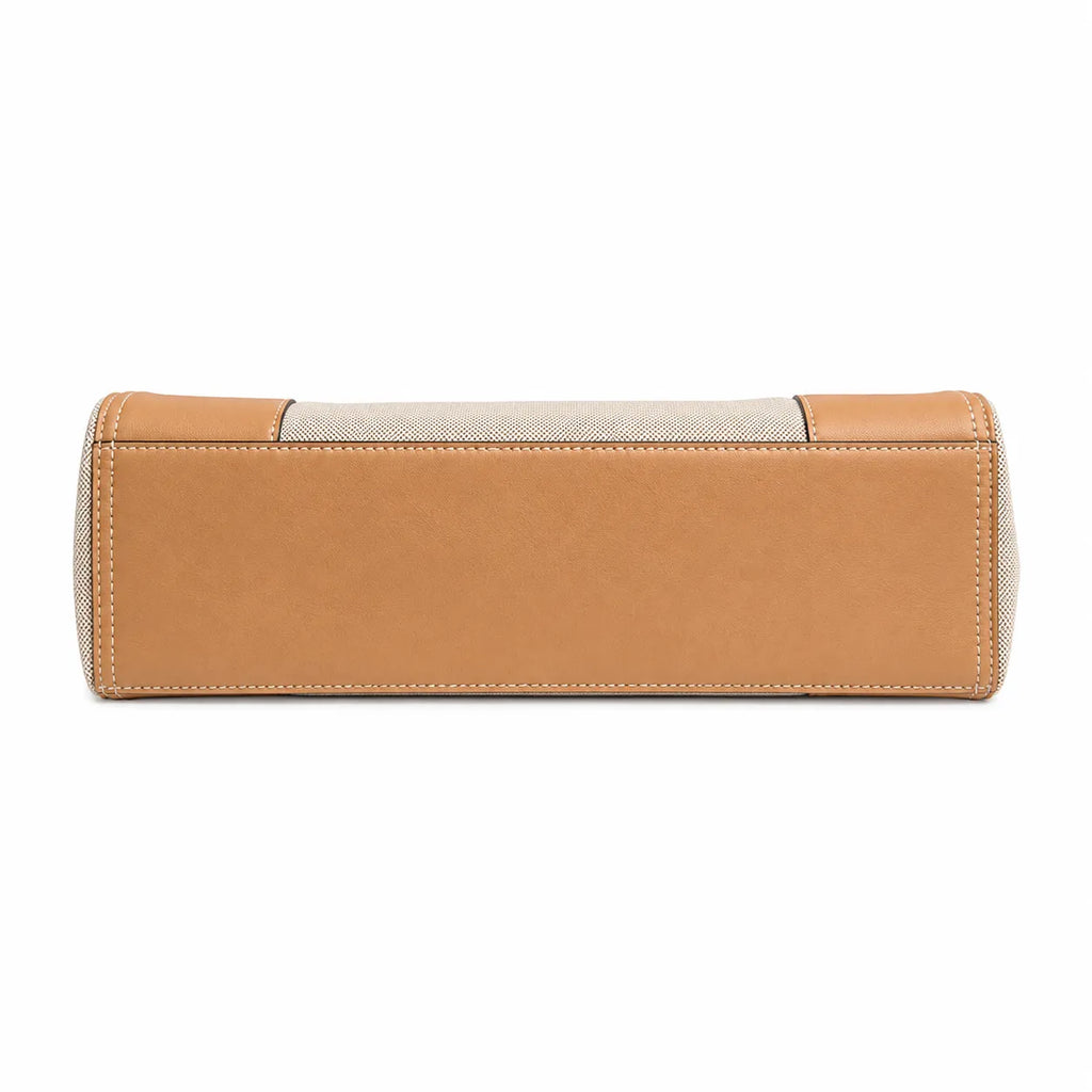 Tory Burch Ella | Beige canvas with contrasting leather T-logo logo  tan leather trim, double handles  women's designer shoulder/handbag