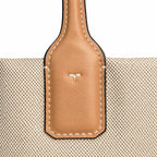 Tory Burch Ella | Beige canvas with contrasting leather T-logo logo  tan leather trim, double handles  women's designer shoulder/handbag