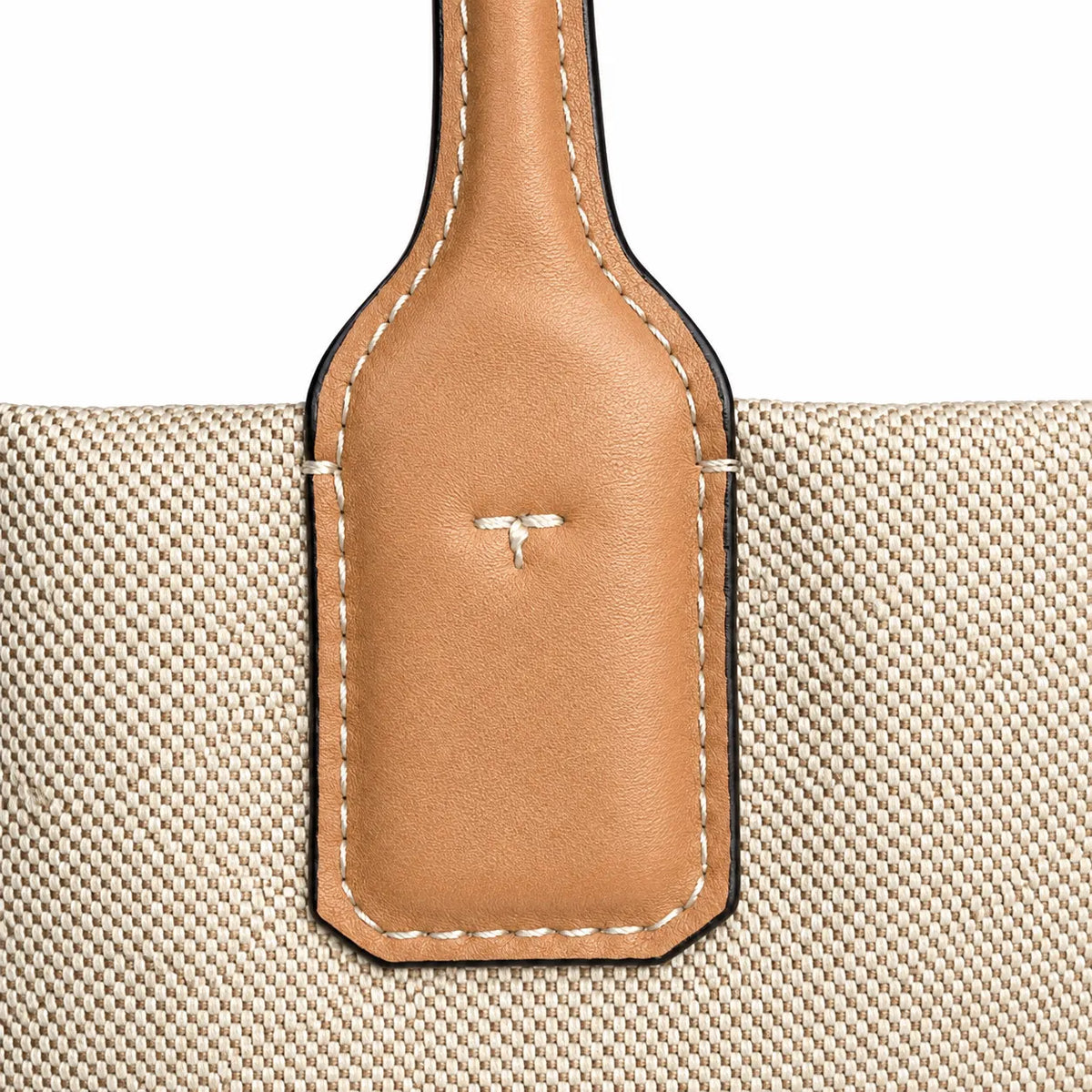 Tory Burch Ella | Beige canvas with contrasting leather T-logo logo  tan leather trim, double handles  women's designer shoulder/handbag