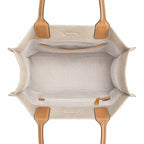 Tory Burch Ella | Beige canvas with contrasting leather T-logo logo  tan leather trim, double handles  women's designer shoulder/handbag