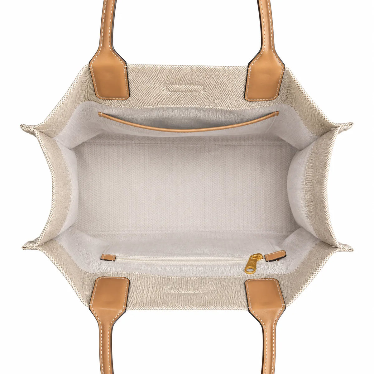 Tory Burch Ella | Beige canvas with contrasting leather T-logo logo  tan leather trim, double handles  women's designer shoulder/handbag