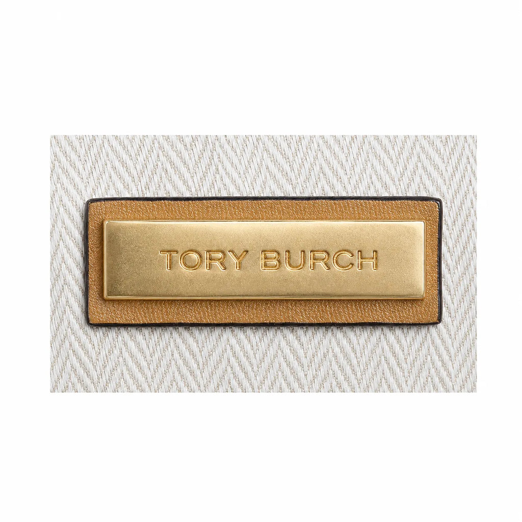 Tory Burch Ella | Beige canvas with contrasting leather T-logo logo  tan leather trim, double handles  women's designer shoulder/handbag