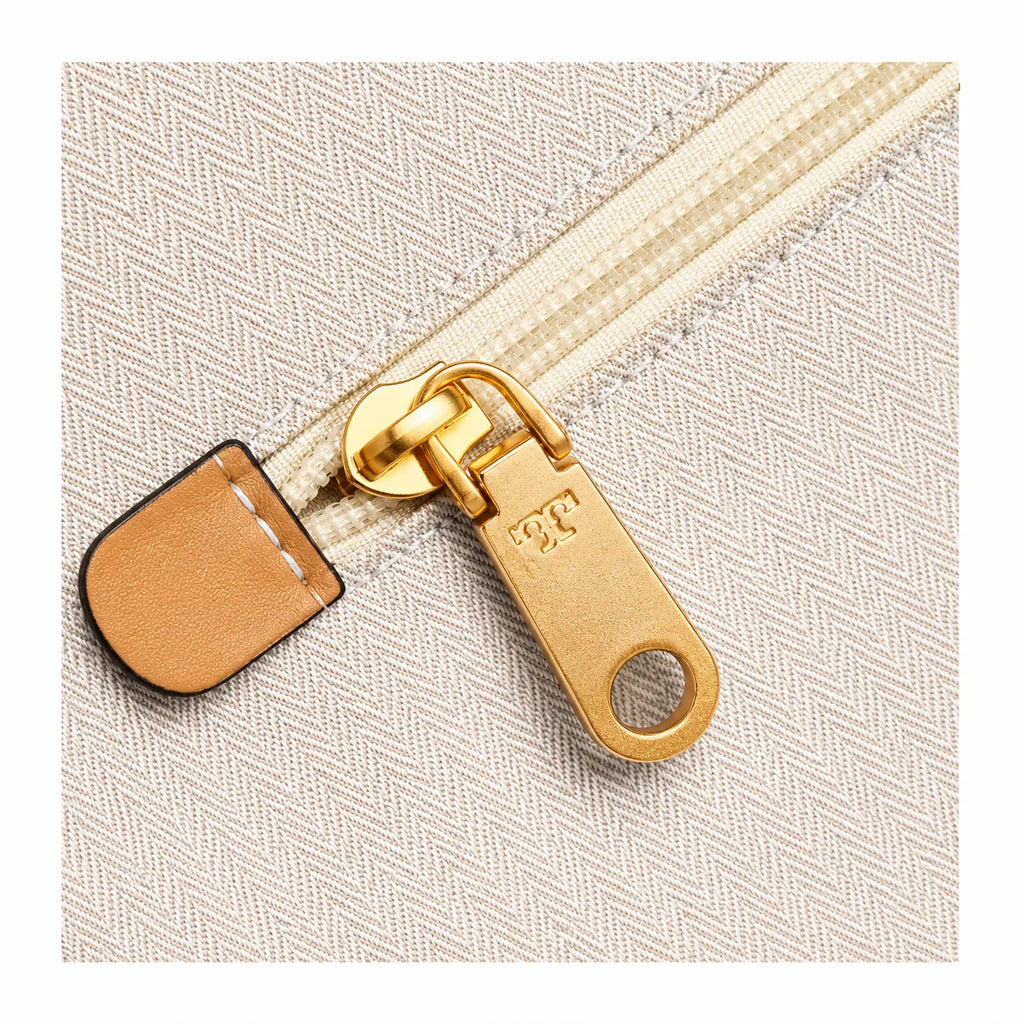 Tory Burch Ella | Beige canvas with contrasting leather T-logo logo  tan leather trim, double handles  women's designer shoulder/handbag