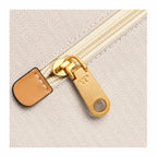 Tory Burch Ella | Beige canvas with contrasting leather T-logo logo  tan leather trim, double handles  women's designer shoulder/handbag