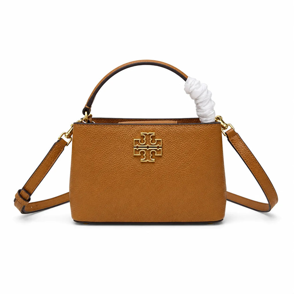 Tory Burch McGraw | Caramel-colored pebbled leather with a gold double T logo double handles and an adjustable shoulder strap women's designer handbag