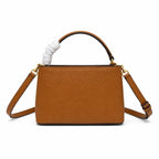 Tory Burch McGraw | Caramel-colored pebbled leather with a gold double T logo double handles and an adjustable shoulder strap women's designer handbag