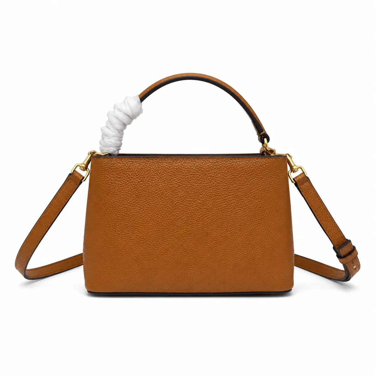 Tory Burch McGraw | Caramel-colored pebbled leather with a gold double T logo double handles and an adjustable shoulder strap women's designer handbag