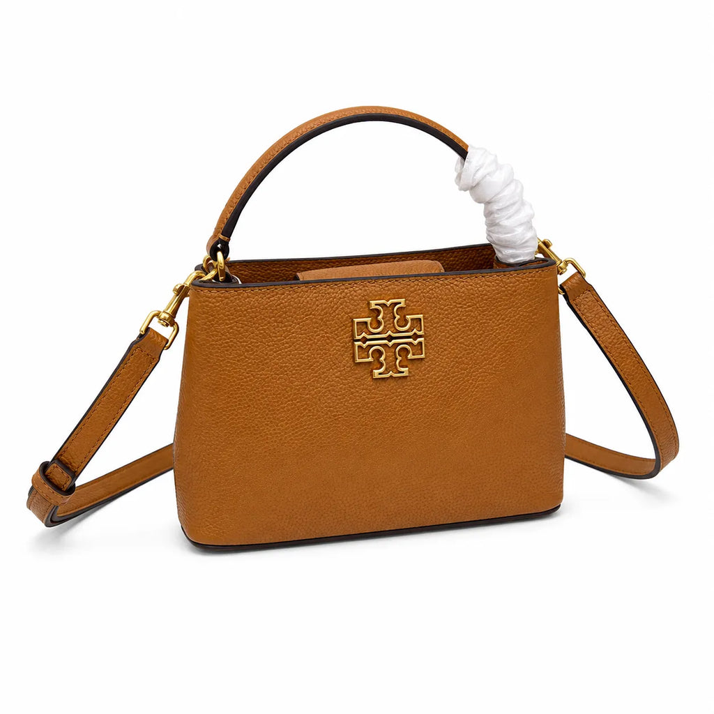 Tory Burch McGraw | Caramel-colored pebbled leather with a gold double T logo double handles and an adjustable shoulder strap women's designer handbag