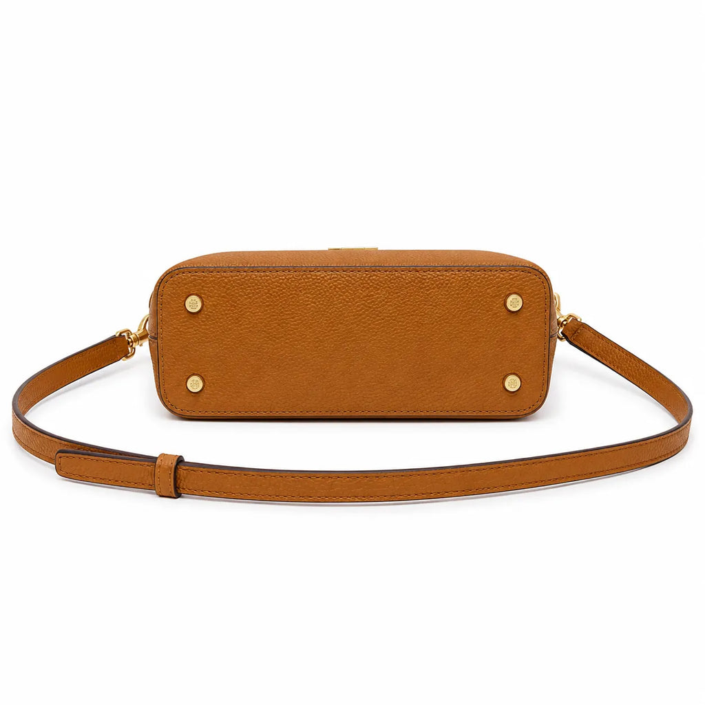 Tory Burch McGraw | Caramel-colored pebbled leather with a gold double T logo double handles and an adjustable shoulder strap women's designer handbag