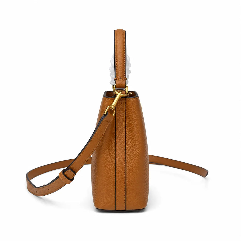 Tory Burch McGraw | Caramel-colored pebbled leather with a gold double T logo double handles and an adjustable shoulder strap women's designer handbag