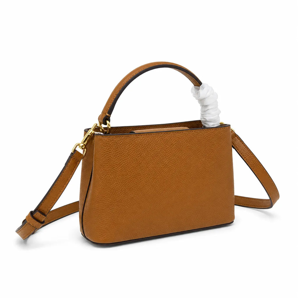 Tory Burch McGraw | Caramel-colored pebbled leather with a gold double T logo double handles and an adjustable shoulder strap women's designer handbag