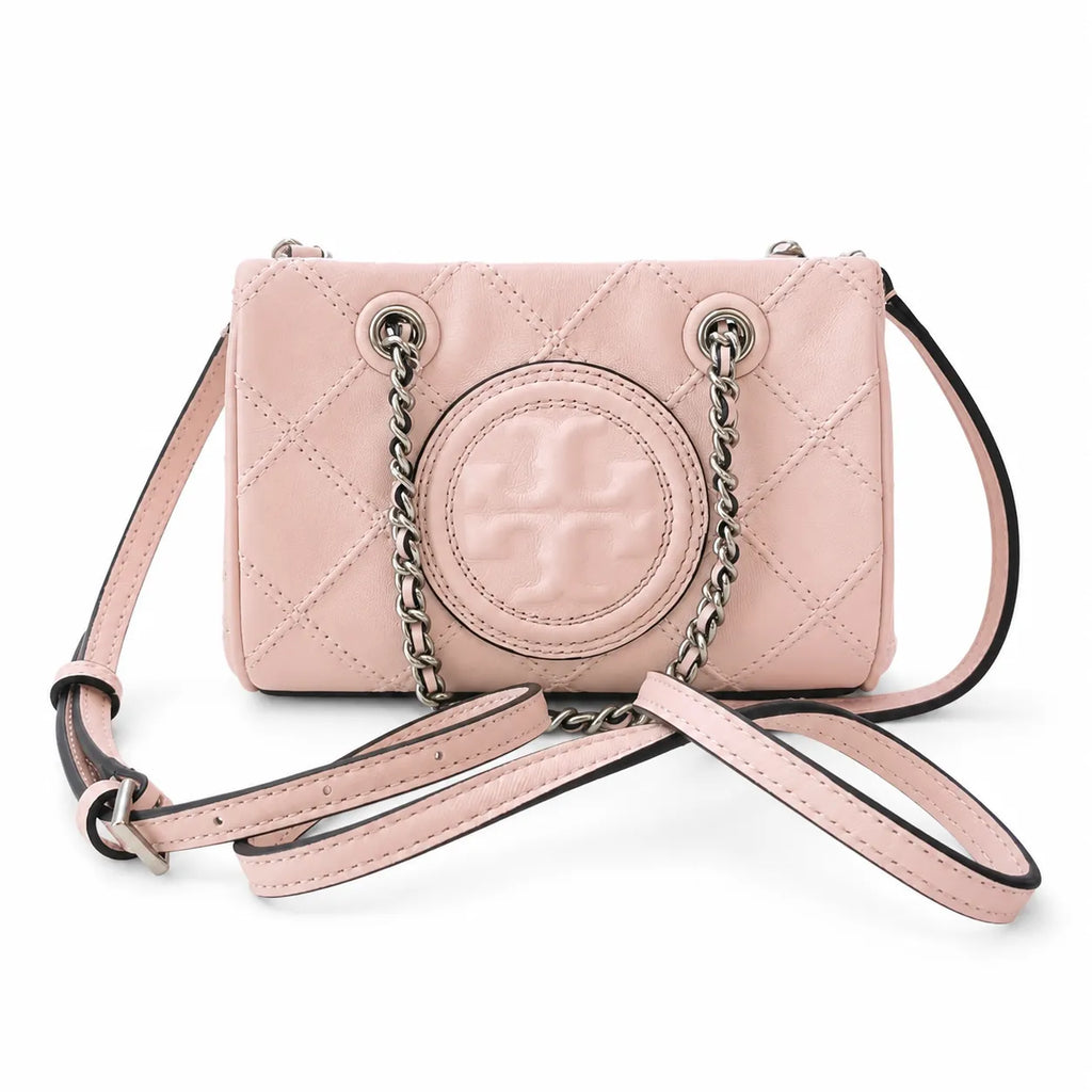 Tory Burch Fleming | Pale pink soft lambskin silver chain and embossed T logo adjustable shoulder strap women's designer crossbody/shoulder bag