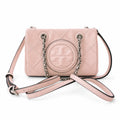 Tory Burch Fleming | Pale pink soft lambskin silver chain and embossed T logo adjustable shoulder strap women's designer crossbody/shoulder bag