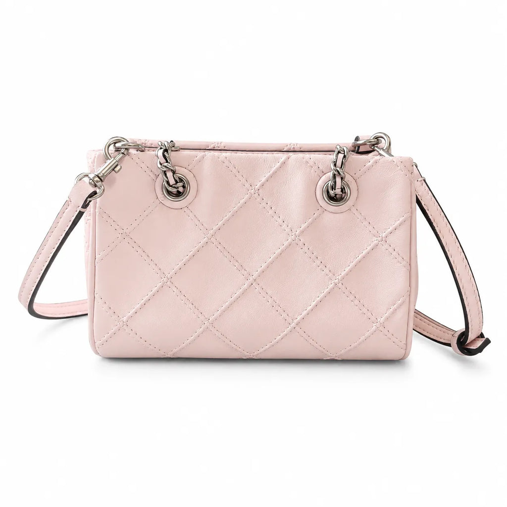 Tory Burch Fleming | Pale pink soft lambskin silver chain and embossed T logo adjustable shoulder strap women's designer crossbody/shoulder bag