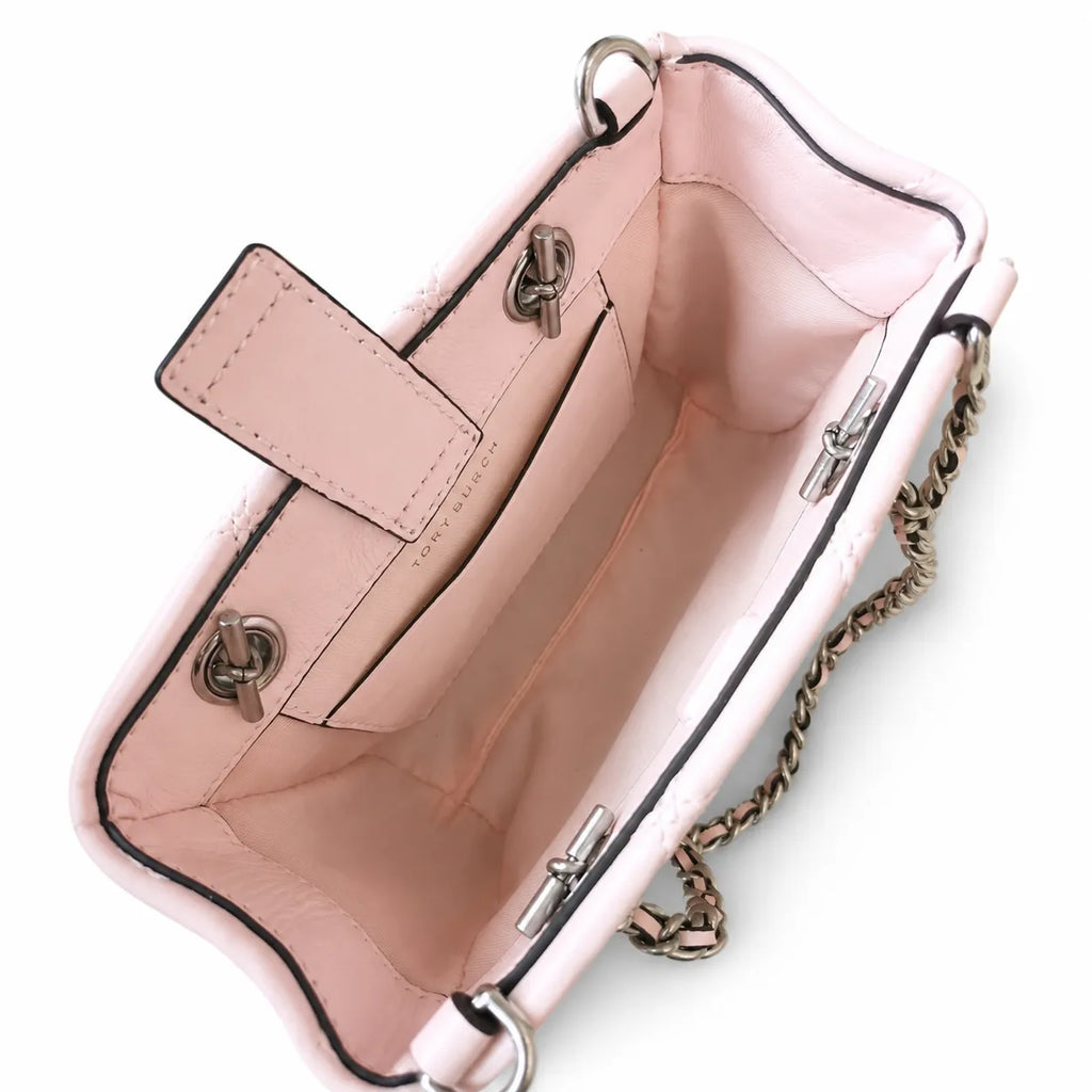 Tory Burch Fleming | Pale pink soft lambskin silver chain and embossed T logo adjustable shoulder strap women's designer crossbody/shoulder bag