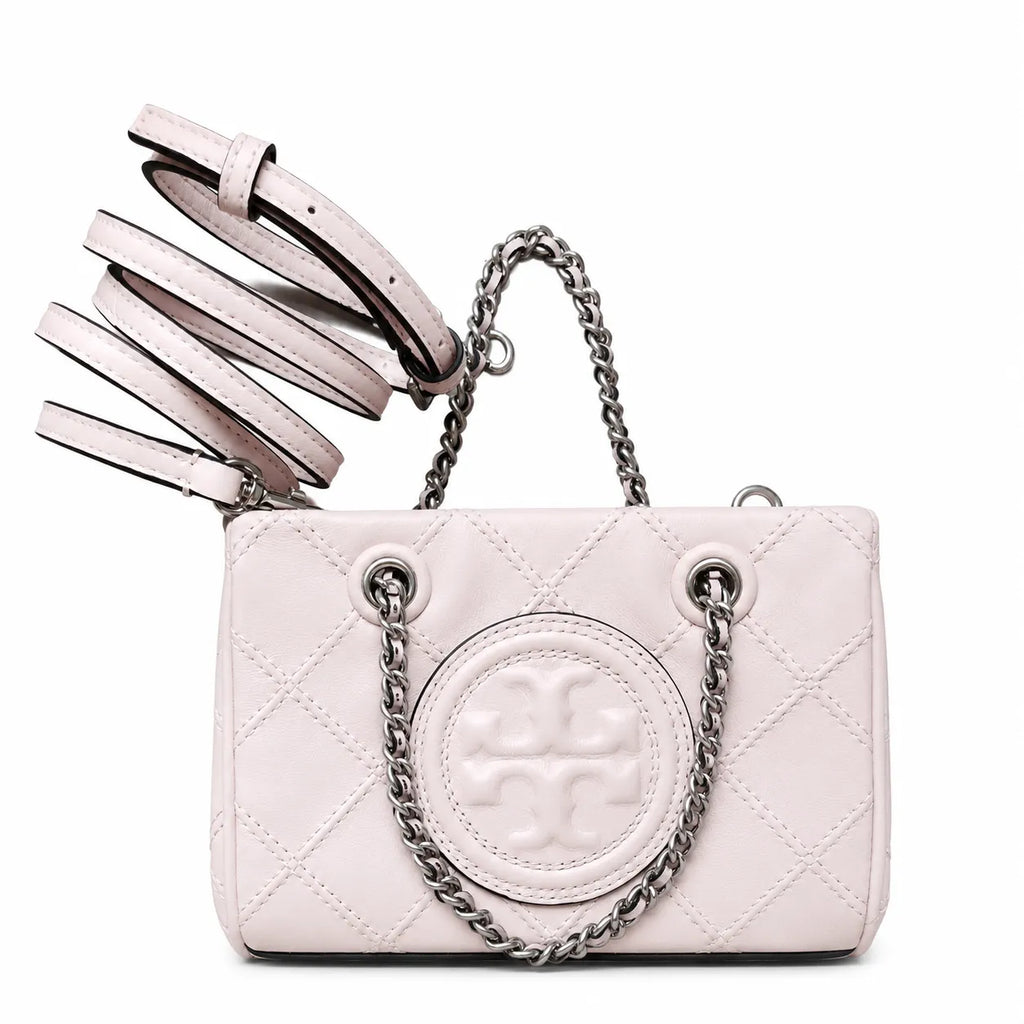 Tory Burch Fleming | Pale pink soft lambskin silver chain and embossed T logo adjustable shoulder strap women's designer crossbody/shoulder bag
