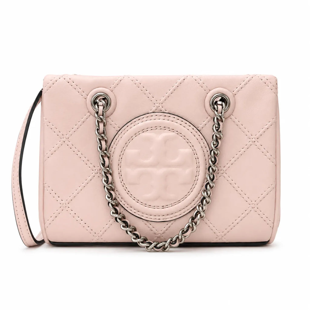 Tory Burch Fleming | Pale pink soft lambskin silver chain and embossed T logo adjustable shoulder strap women's designer crossbody/shoulder bag