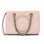 Tory Burch Fleming | Pale pink soft lambskin silver chain and embossed T logo adjustable shoulder strap women's designer crossbody/shoulder bag