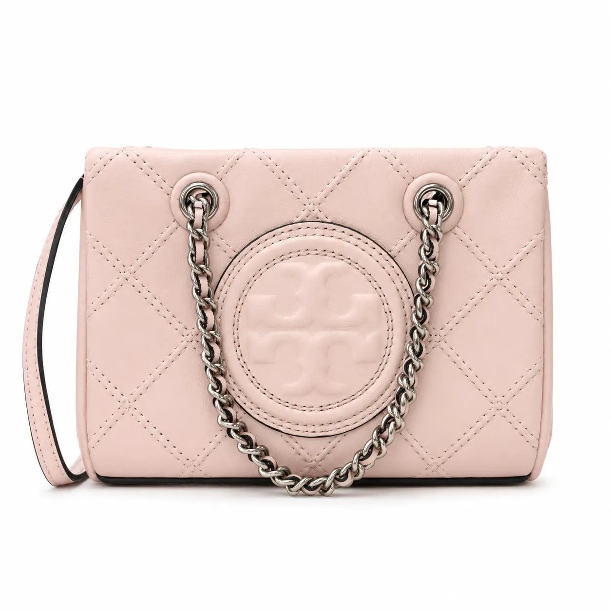 Tory Burch Fleming | Pale pink soft lambskin silver chain and embossed T logo adjustable shoulder strap women's designer crossbody/shoulder bag