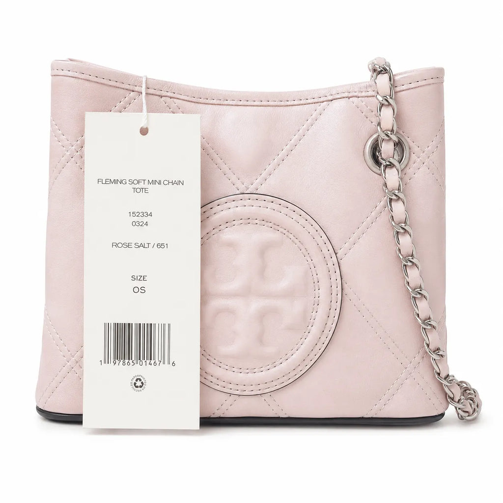 Tory Burch Fleming | Pale pink soft lambskin silver chain and embossed T logo adjustable shoulder strap women's designer crossbody/shoulder bag