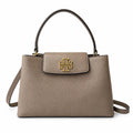 Tory Burch Britten | Grey-brown pebbled leather with gold double T logo  adjustable shoulder strap  women's designer handbag