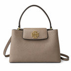 Tory Burch Britten | Grey-brown pebbled leather with gold double T logo  adjustable shoulder strap  women's designer handbag