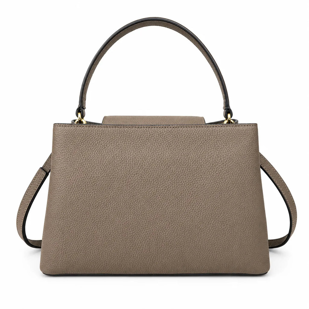 Tory Burch Britten | Grey-brown pebbled leather with gold double T logo  adjustable shoulder strap  women's designer handbag