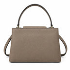 Tory Burch Britten | Grey-brown pebbled leather with gold double T logo  adjustable shoulder strap  women's designer handbag