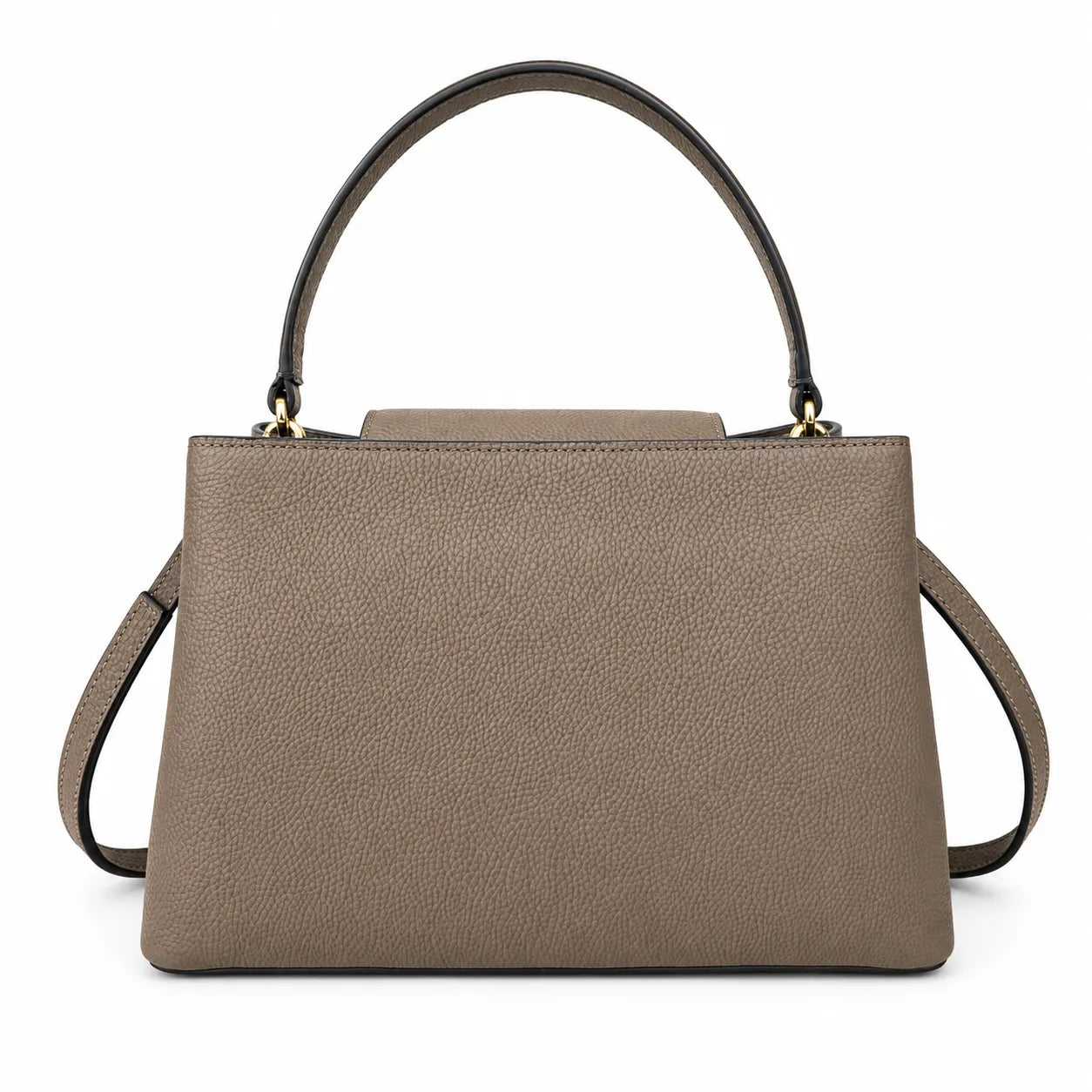Tory Burch Britten | Grey-brown pebbled leather with gold double T logo  adjustable shoulder strap  women's designer handbag