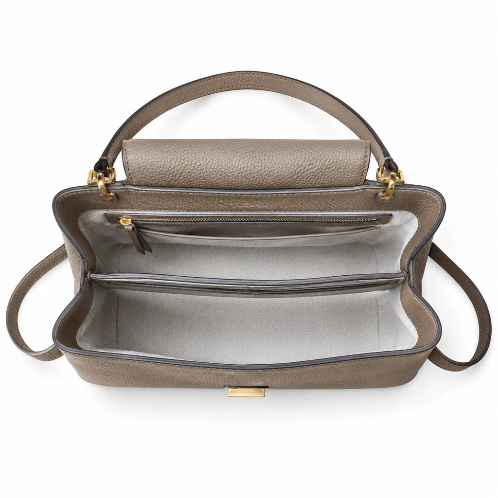 Tory Burch Britten | Grey-brown pebbled leather with gold double T logo  adjustable shoulder strap  women's designer handbag
