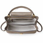 Tory Burch Britten | Grey-brown pebbled leather with gold double T logo  adjustable shoulder strap  women's designer handbag