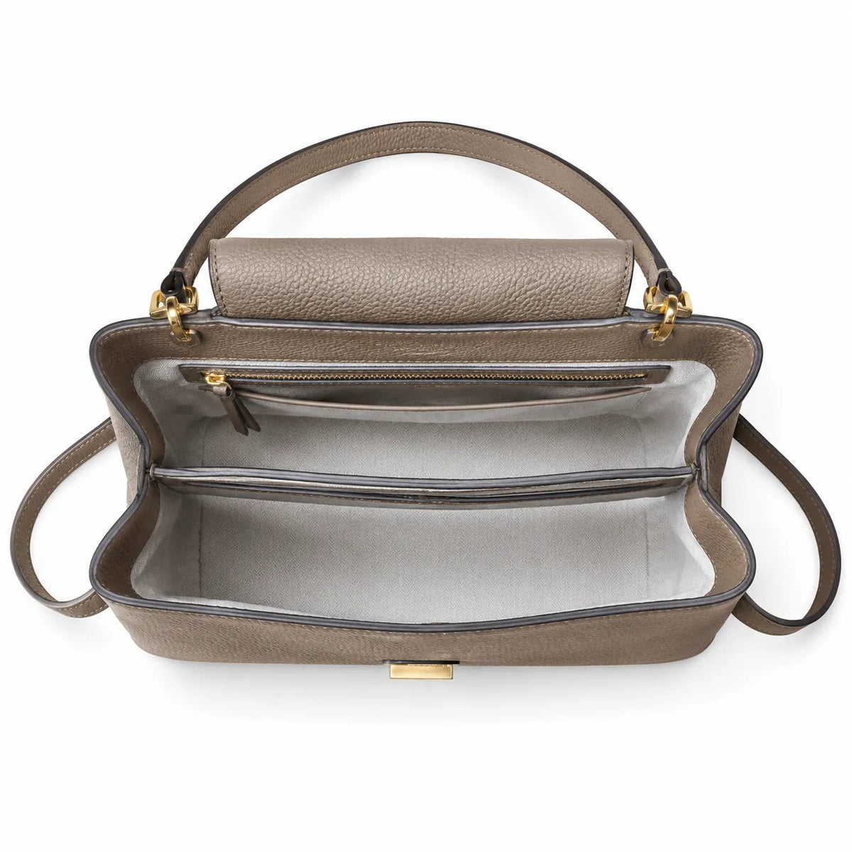 Tory Burch Britten | Grey-brown pebbled leather with gold double T logo  adjustable shoulder strap  women's designer handbag