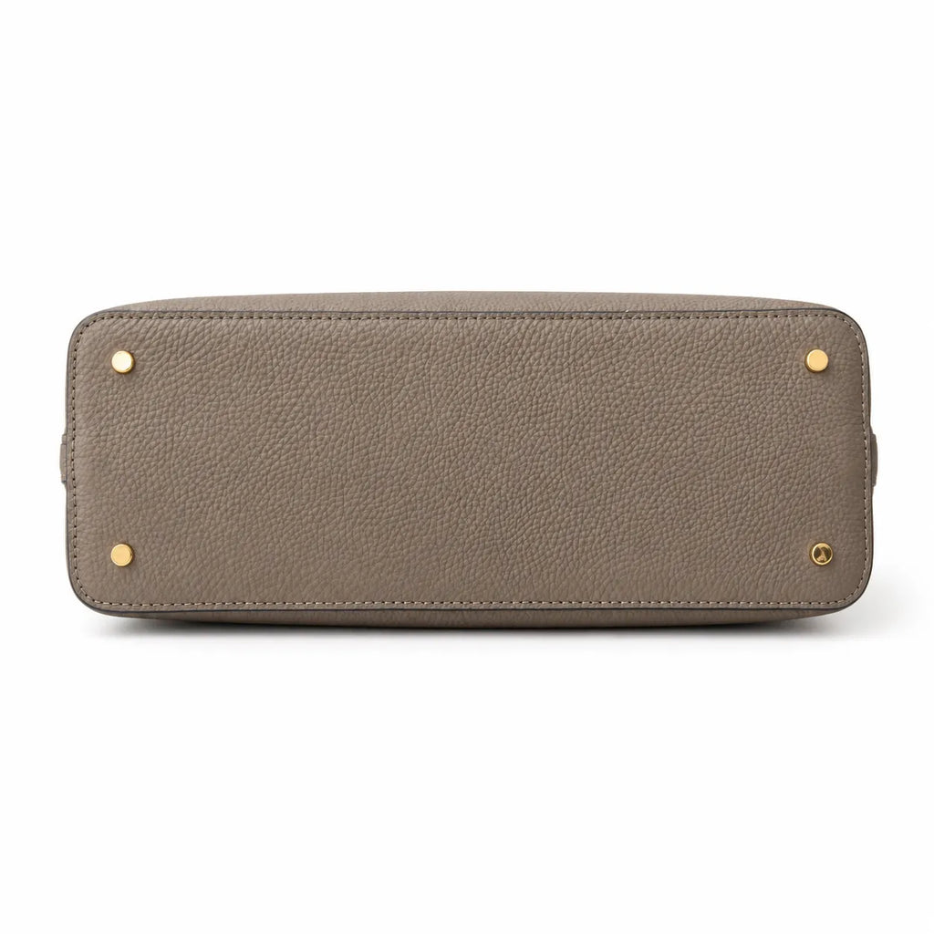 Tory Burch Britten | Grey-brown pebbled leather with gold double T logo  adjustable shoulder strap  women's designer handbag