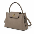 Tory Burch Britten | Grey-brown pebbled leather with gold double T logo  adjustable shoulder strap  women's designer handbag
