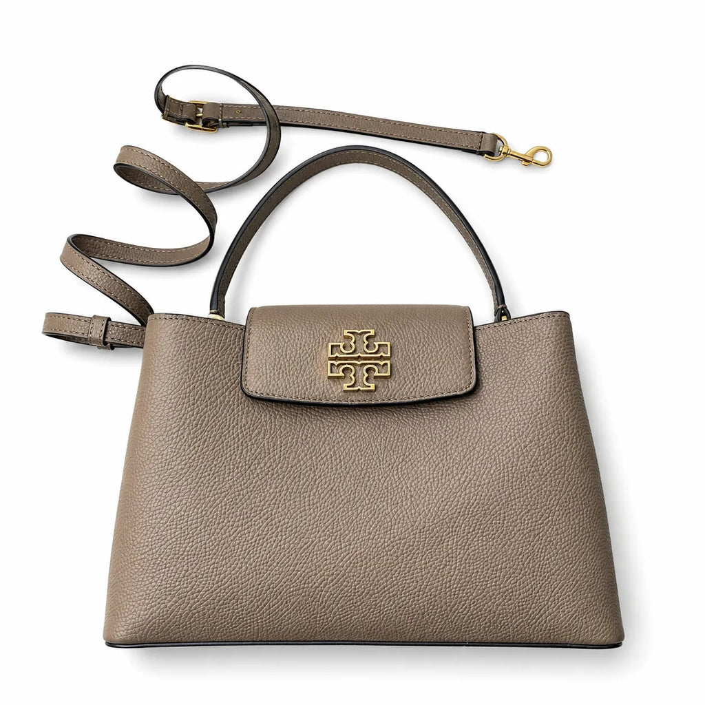 Tory Burch Britten | Grey-brown pebbled leather with gold double T logo  adjustable shoulder strap  women's designer handbag