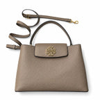 Tory Burch Britten | Grey-brown pebbled leather with gold double T logo  adjustable shoulder strap  women's designer handbag